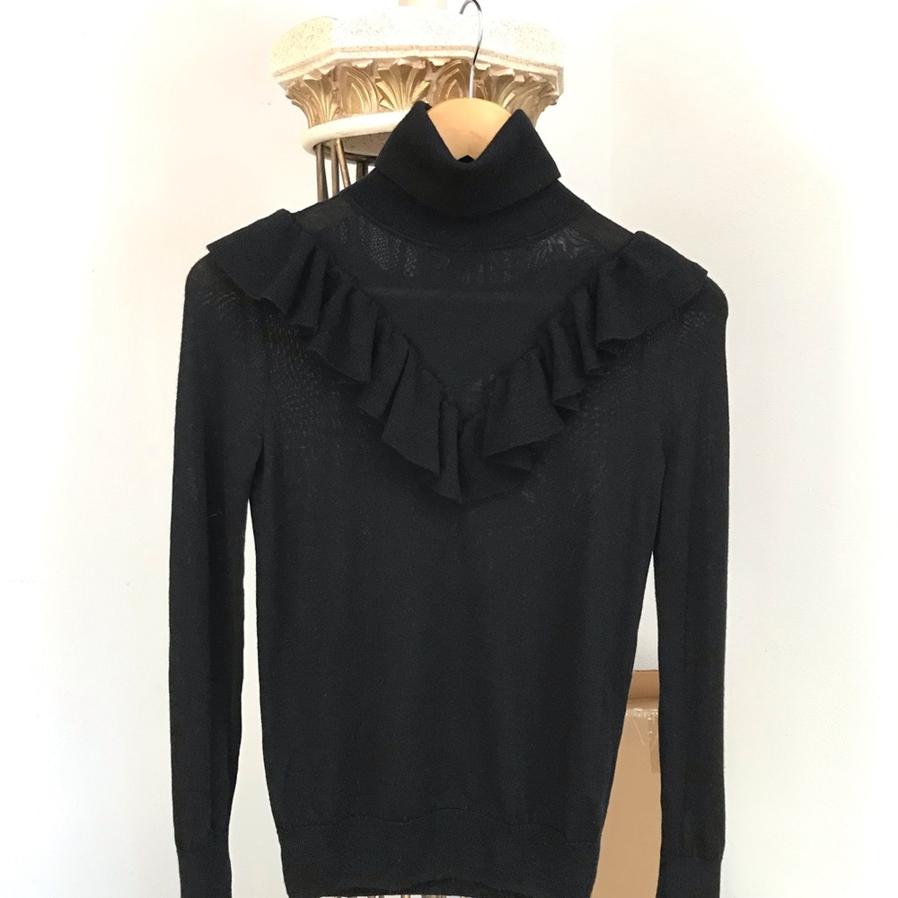 J.Crew Merino Wool Black Ruffle Turtleneck Sweater - XXS